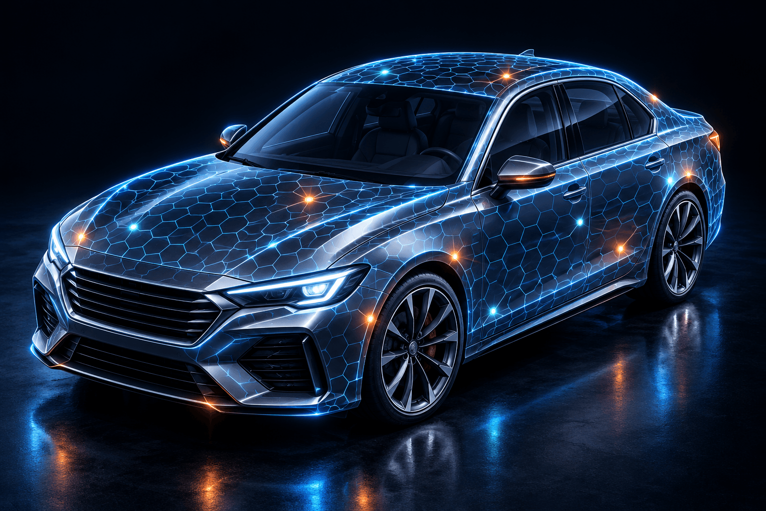 Unbranded silver vehicle with a luminous cyan honeycomb diagnostic map